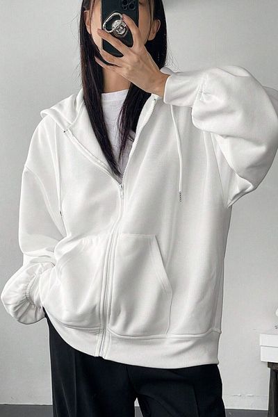 Trendseninle Cardigan alb cu glugă, cu 3 fire, cu fermoar