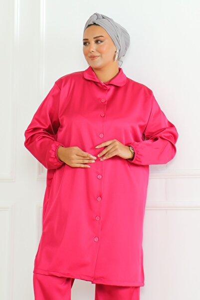 MAY MARA Plus Size - Shirt Collar and Slit Tunic Trousers Set