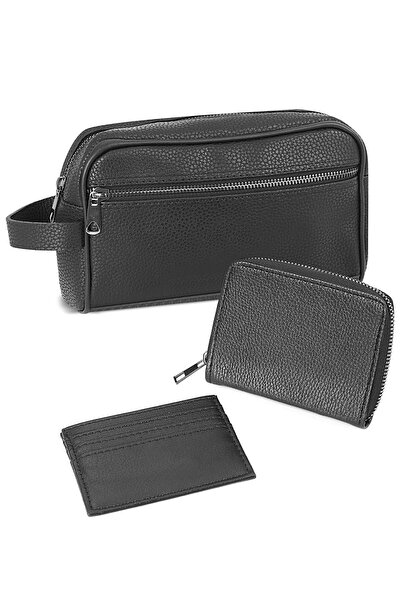 Duke Nickle Erkek Siyah Vegan Deri El Çantası Ve Fermuarlı Cüzdan & Kartlık Seti – Fonksiyonel Şık Kombinasyon