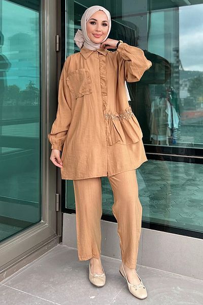 julude Hijab Double Set - Biscuit Drawstring Pearl Tunic and Trousers