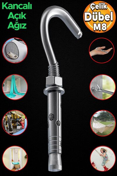 Badem10 Kancalı Çelik Dübel Salıncak Boks Torbası Avize İçin Gömlekli Açık Ağız Kanca M8