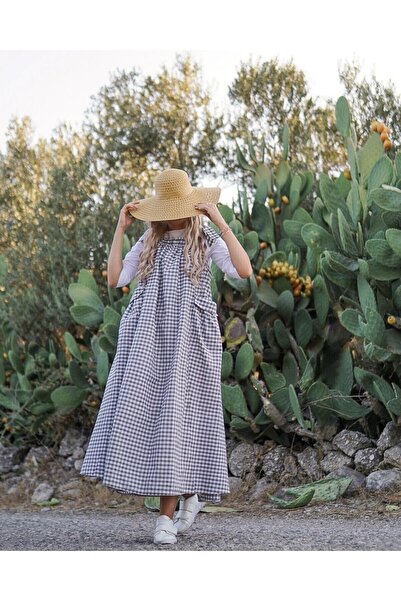 Launes Oversize Pocketed Light Khaki Gingham Gilet/Salopet