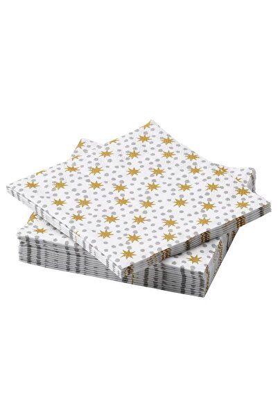 IKEA VINTERFINT 24x24 Cm Beyaz Altın Yıldızlı 30 Adet 3 Katlı Kağıt Servis Pe...