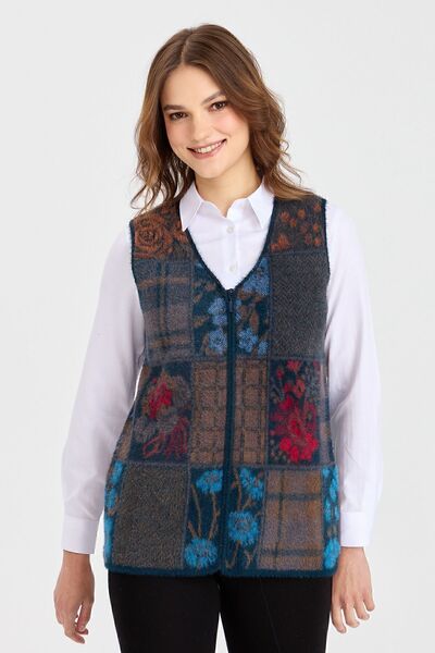 Desen Triko Жіночий жилет з V-подібним коміром, клаптевий, нафта