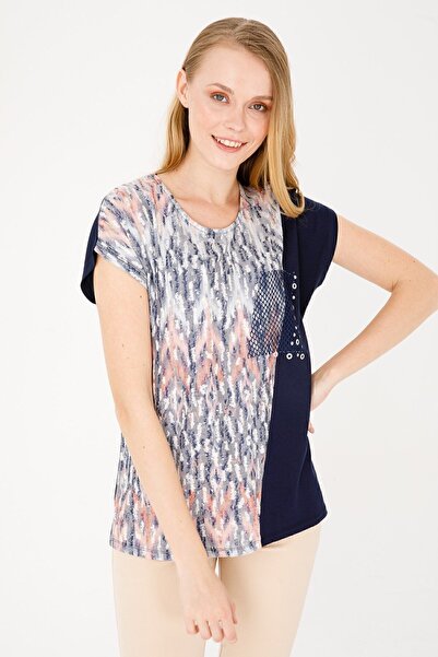 Desen Triko Kadın Sıfır Yaka Düşük Kol File Cepli Penye Bluz Lacivert