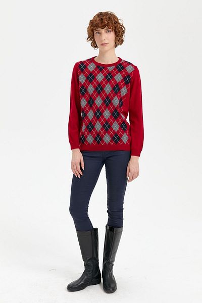 Desen Triko Red Women's Wool Sweater - Null Collar, Diamond Pattern