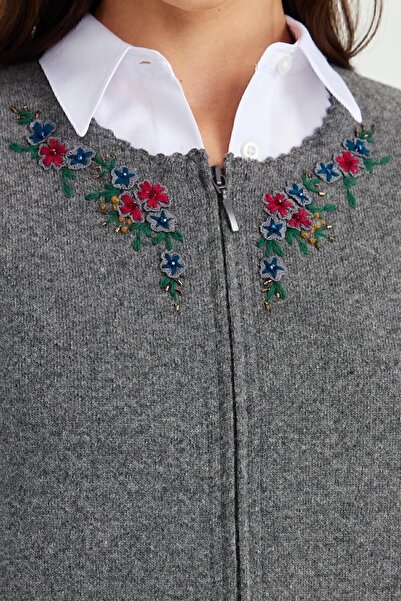 Desen Triko Women's Zero Collar Edge Lace Embroidered Wool Vest Smoked