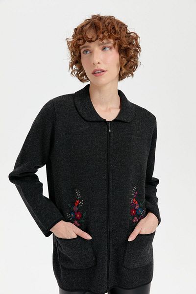 Desen Triko Cardigan scurt din lână brodat cu gât polo pentru femei, negru