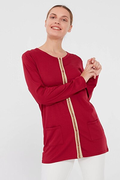 Desen Triko Women's Crew Neck Front Glittered Combed Cotton Jacket Red