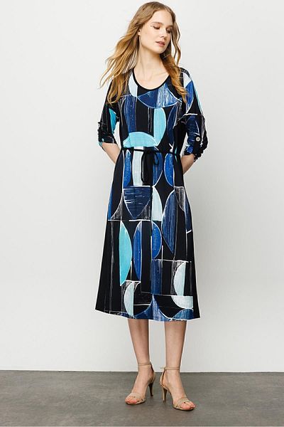 Desen Triko Rochie de damă din bumbac pieptănat cu modele, cu dungi, cu decolteu, albastru bleumarin