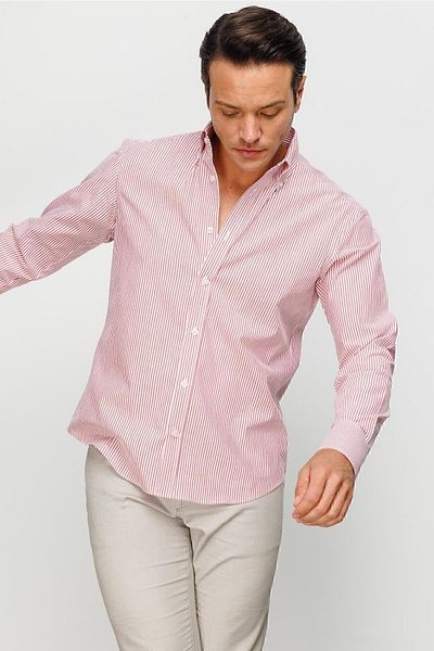 Desen Triko Men's Button Collar 100% Cotton Longitudinal Stripe Patterned Regular Mid-Cut Shirt Red
