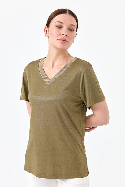 Desen Triko Tricou de damă cu decolteu în V cu dungi din bumbac pieptănat kaki