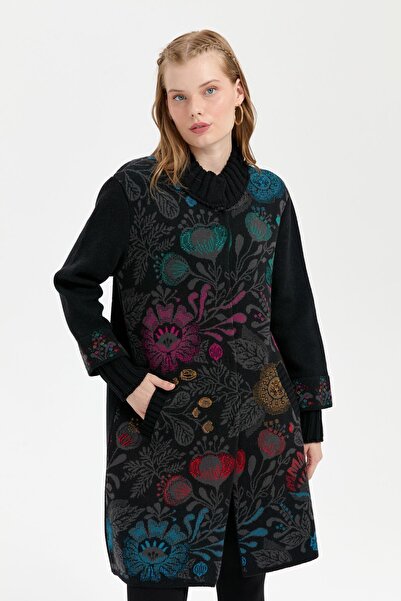 Desen Triko Black Long Wool Cardigan - Stand Collar and Colorful Floral Print