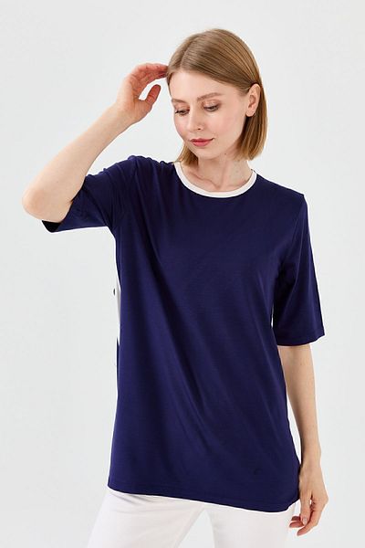 Desen Triko Tricou de damă din bumbac pieptănat cu decolteu în formă de O, bleumarin