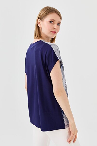 Desen Triko Γυναικείο μπλουζάκι με λαιμόκοψη με χτενισμένο βαμβακερό σχέδιο Navy Blue