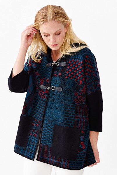 Desen Triko Women's Hooded Patchwork Houndstooth Patterned Three Color Poncho Dark Blue