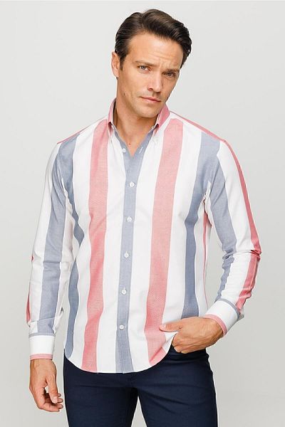 Desen Triko Men's Button Collar 100% Cotton Thick Striped Patterned Regular Mid-Cut Shirt Red