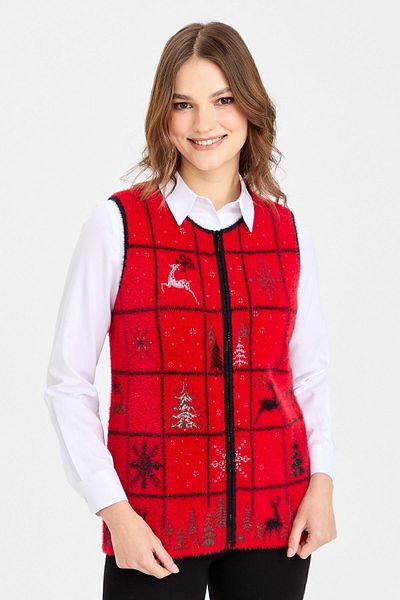 Desen Triko Women's Crew Neck Patchwork New Year Patterned Vest Red