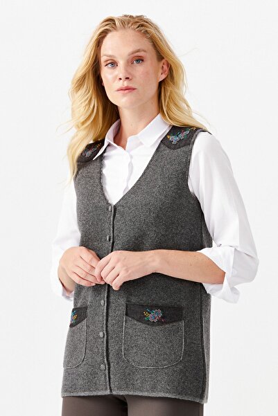Desen Triko Women's V-Neck Shoulder Pocket Cover Felt Embroidered Buttoned Vest Smoked