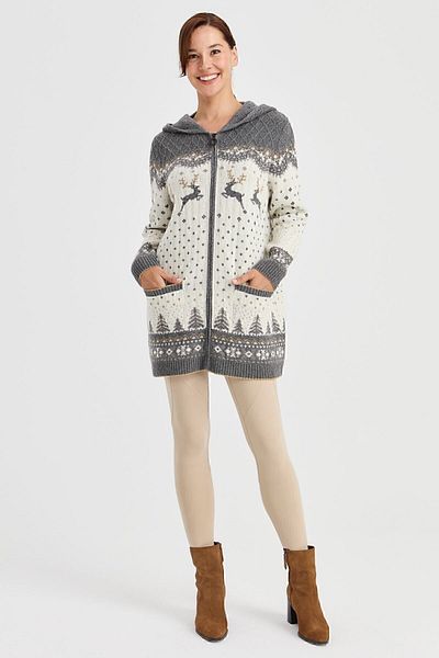 Desen Triko Women's Hooded Deer Patterned Wool Cardigan Smoked