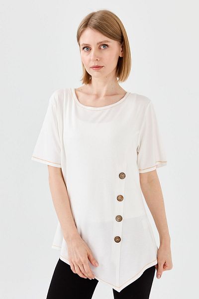 Desen Triko Women's Crew Neck Front Wood Button Combed Cotton T-shirt Bone
