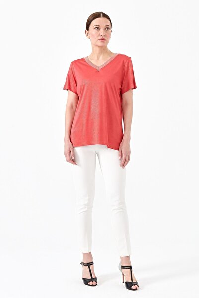 Desen Triko Women's V-Neck Striped Combed Cotton T-shirt Coral