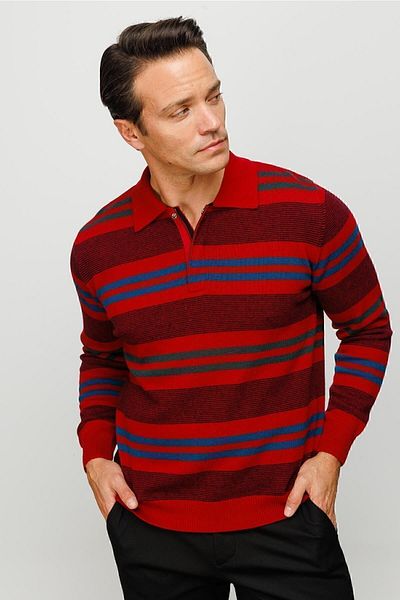 Desen Triko Pulover de lână groasă cu guler polo pentru bărbați, cu dungi colorate, roșu