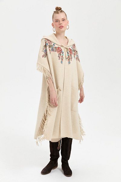 Desen Triko Hooded Embroidered and Tasseled Women's Poncho - T. Melange