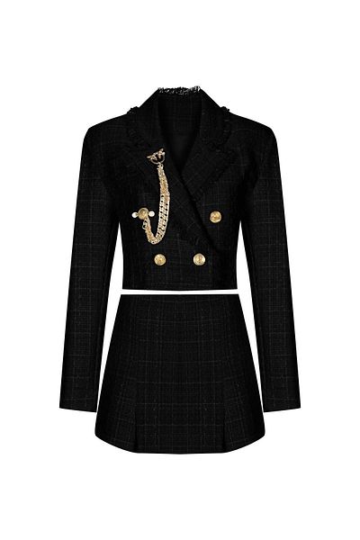 PleasureOfSilk Tweed Black Crop Jacket and Shorts Skirt Set