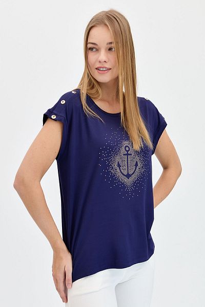 Desen Triko Women's Crew Neck Front Jewelled Anchor T-shirt Navy Blue
