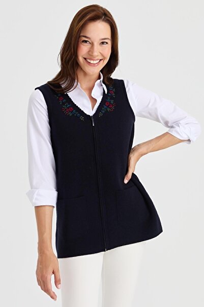 Desen Triko Women's V-Neck Lace Embroidered Wool Vest Dark Blue