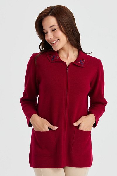 Desen Triko Women's Polo Collar with Lace Embroidered Wool Cardigan