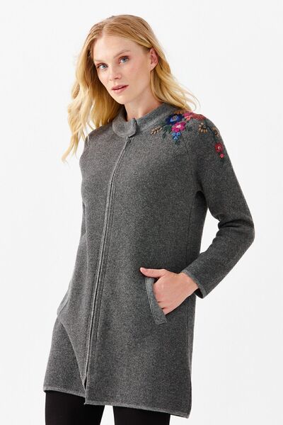 Desen Triko Women's Stand Collar Shoulder Embroidered Long Cardigan Smoked