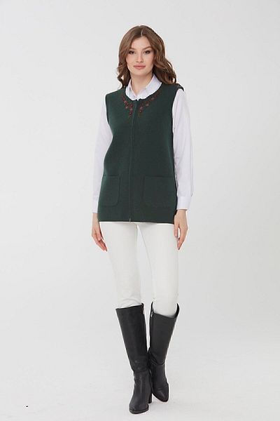 Desen Triko Women's Crew Neck Daisy Embroidered Wool Vest Green