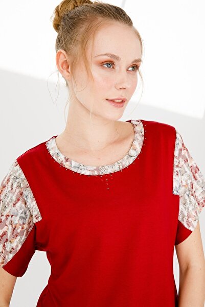 Desen Triko Women's Crew Neck Low Sleeve Floral Printed Combed Cotton Blouse Red
