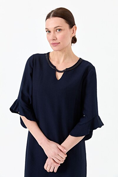 Desen Triko Women's Collar Chain Accessory Linen Dress Navy Blue