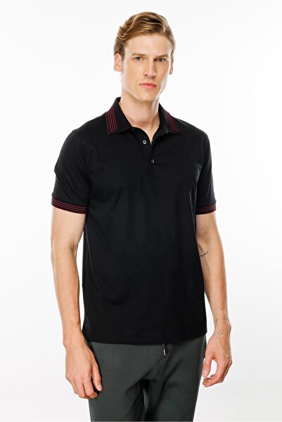 Desen Triko Μαύρο ανδρικό μπλουζάκι με μοτίβο με γιακά πόλο