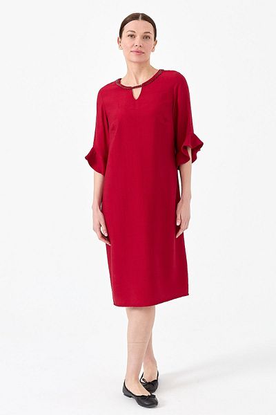 Desen Triko Women's Collar Chain Accessory Linen Dress Red