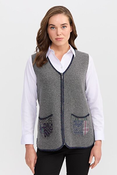 Desen Triko Women's V-Neck Water Stone Beaded Embroidered Short Wool Vest Smoked