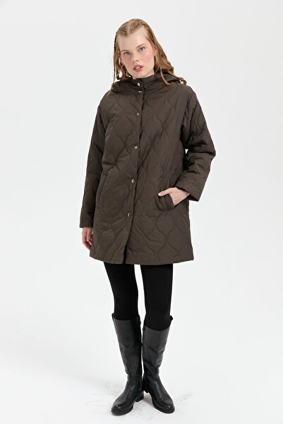 Desen Triko Kadın Kapüşonlu Soğan Desenli Araboy Kapitone Kaban Haki