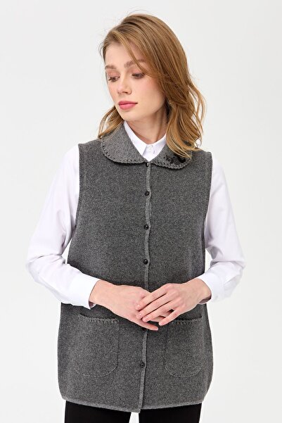 Desen Triko Women's Polo Neck and Pocket Crocheted Wool Vest Smoked
