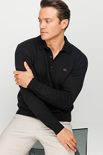 Desen Triko Ανδρικό μάλλινο πουλόβερ με γιακά Polo Classic Μαύρο