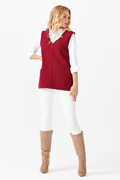 Desen Triko Kadın V Yaka Işlemeli Cepli Yün Yelek V.çürüğü