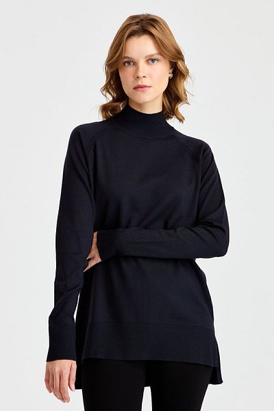 Desen Triko Women's Half Turtleneck Sweater with Slit Sleeves Navy Blue