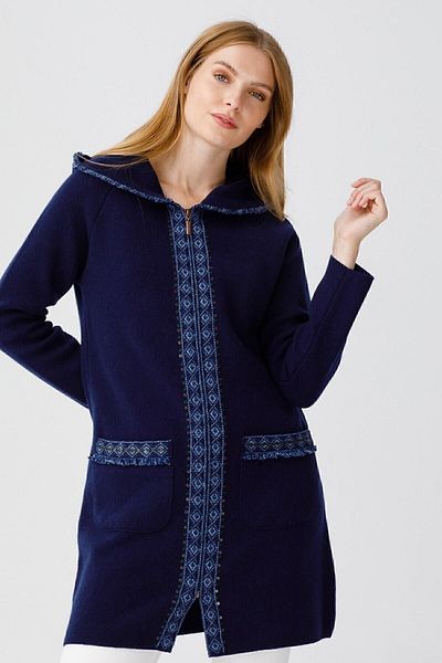 Desen Triko Women's Zippered Hooded Long Coat Light Navy Blue