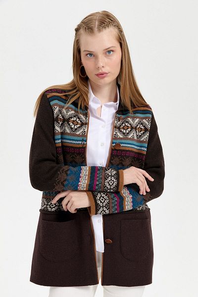 Desen Triko Cardigan de lână pentru femei cu gât polo - Fusta din pâslă, Araboy K.Brown