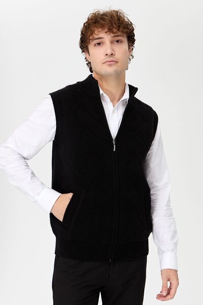 Desen Triko Black Men's Wool Vest - Stand Collar and Diamond Pattern