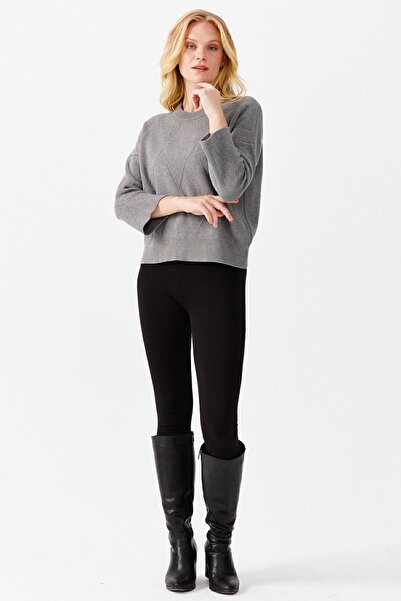 Desen Triko Women's Crew Neck Front Checkered Short Sweater, Smoked