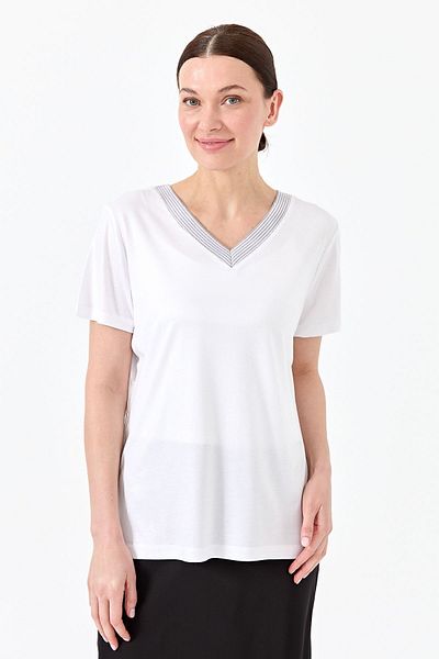 Desen Triko Tricou damă cu decolteu în V cu dungi din bumbac pieptănat alb