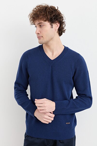 Desen Triko Чоловічий светр з V-подібним вирізом Basic з вовни, колір індиго
